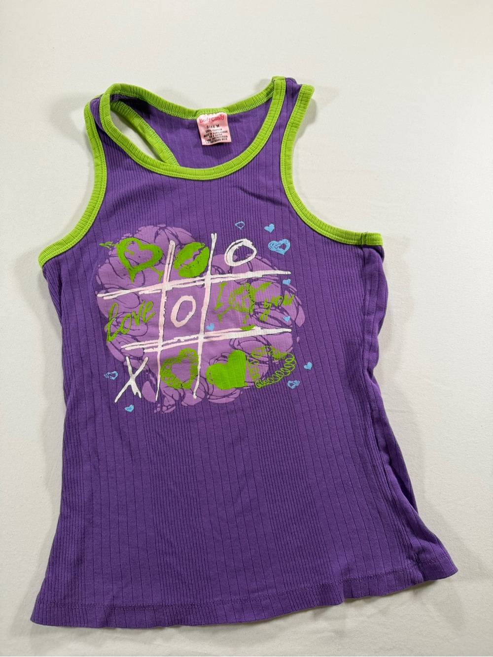 Girls' Purple Ribbed Tank Top with Lime Trim and Graphic